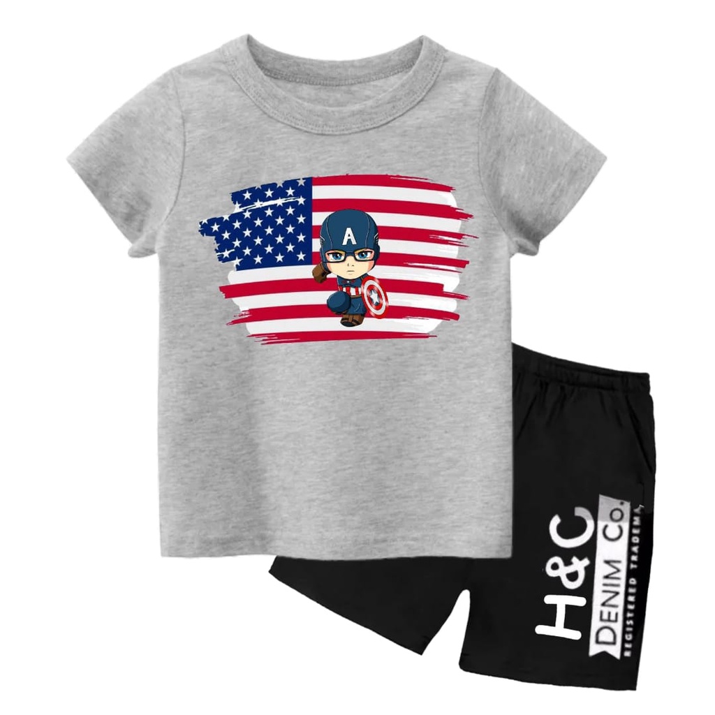 Rdkidzid Setelan Lengan Pendek Anak Laki Laki Set Pendek Anak Cowok Motif Kapten America DTF