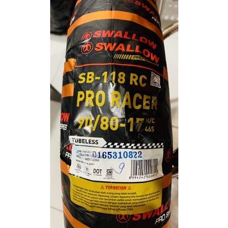 Ban Luar Swallow SB 118 Pro Racer 90 / 80-17 TL 46 S - Tubless  - 90/80 - Ring 17 - Proracer by Swal