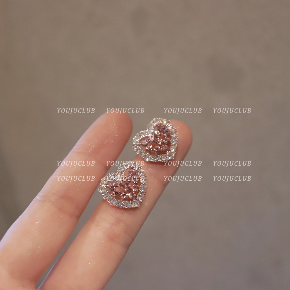 Anting Tusuk Bentuk Hati Pink Bahan Alloy Hias Berlian Imitasi Untuk Wanita