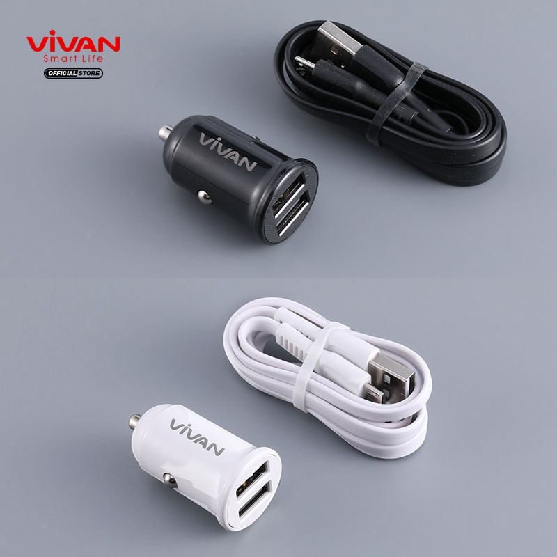 Charger Mobil Vivan VCC01 Dual Port 2.4A Small &amp; Portable with Micro USB Cable 100cm Garansi 1 Tahun