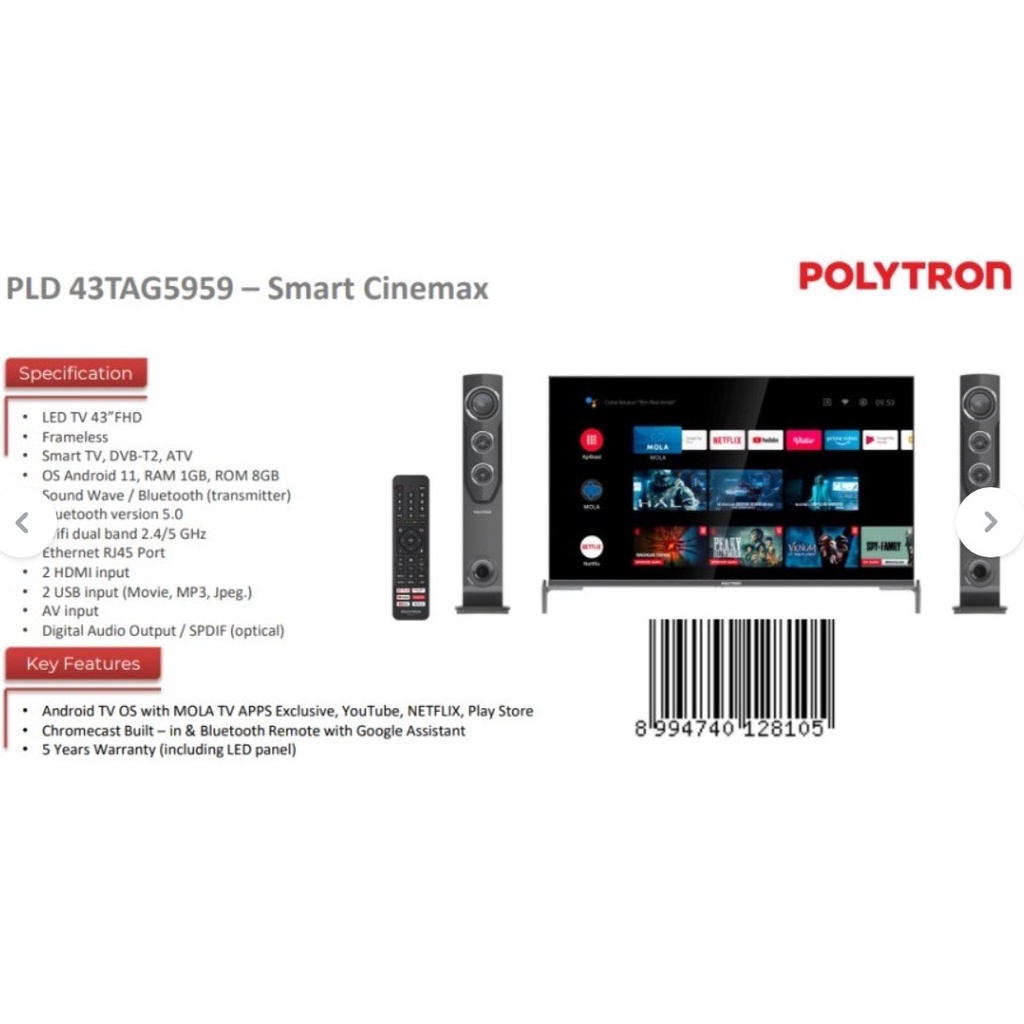 Polytron LED Smart Android TV 43&quot; + Speaker Tower PLD 43TAG5959 DVB-T2