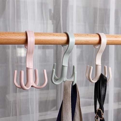 LJR 1/2 lusin (6 buah) GANTUNGAN tiang lemari 4 KAIT SERBAGUNA PUTAR 360 DERAJAT HANGER  SEPATU TAS HOOK warna random