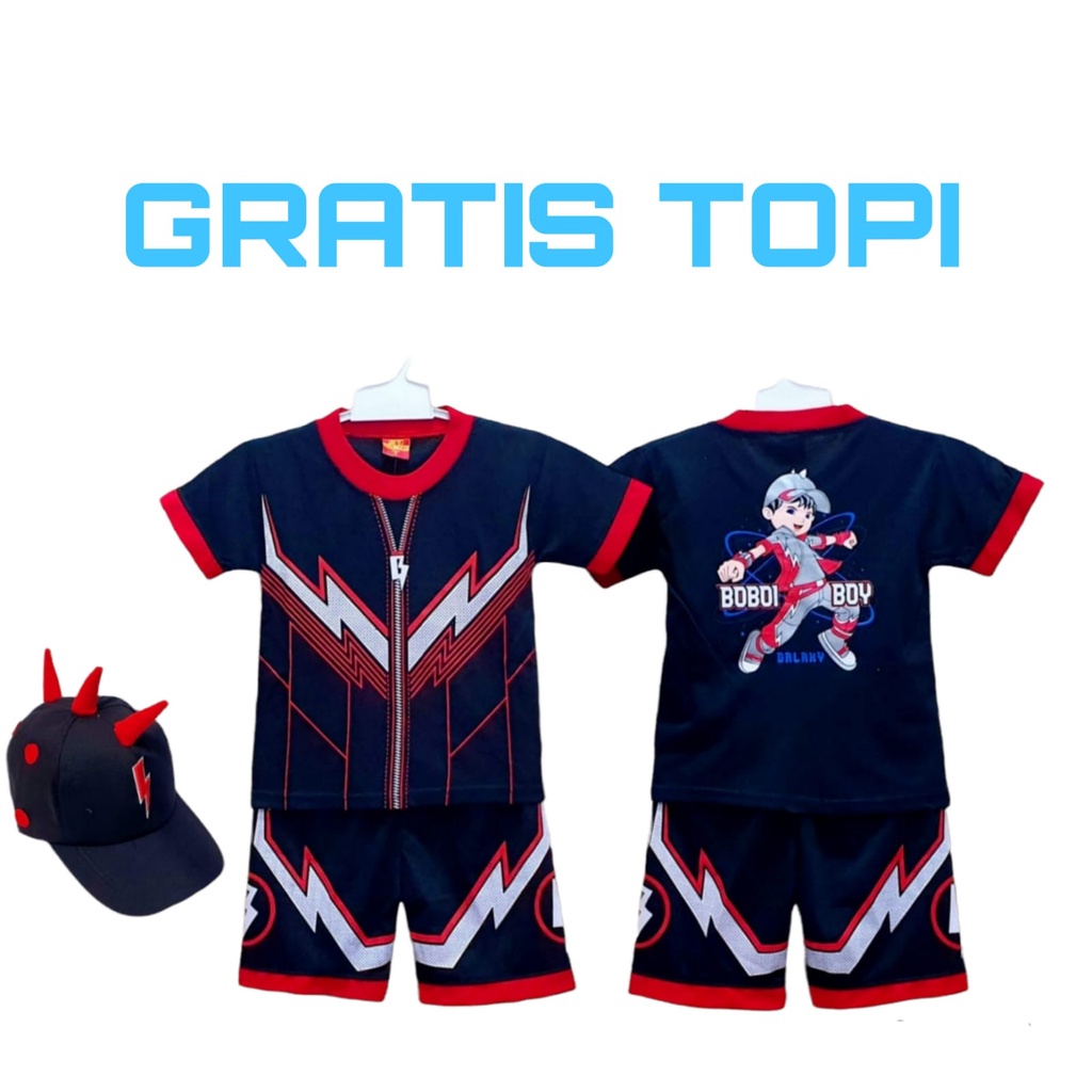 SETELAN BAJU ANAK BOBOIBOY THUNDER FREE TOPI UNTUK ANAK 2-10 TAHUN BISA COD