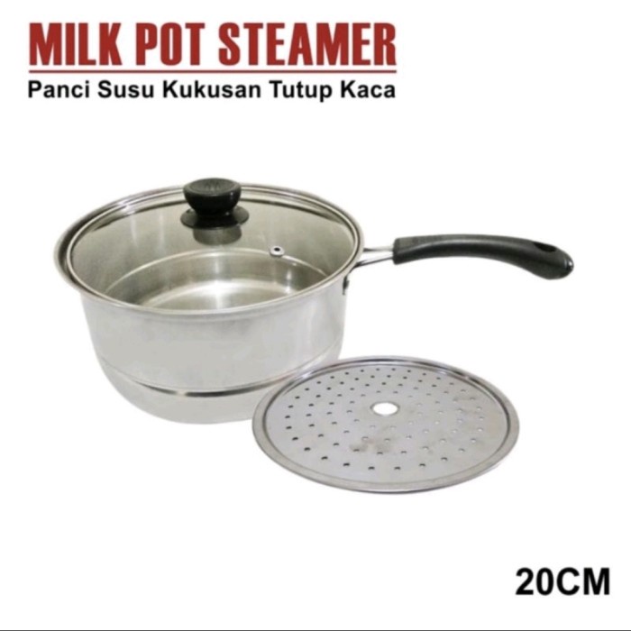 MILK POT Stainless / Panci Gagang Susu 20Cm Tutup Kaca+Kukusan Steamer