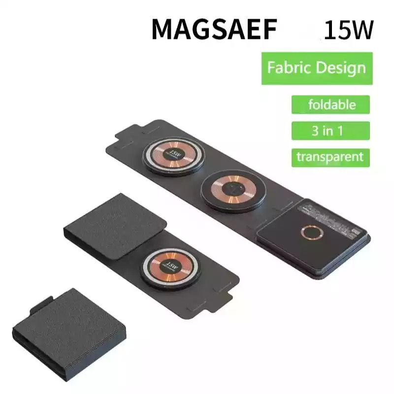 Magsafe 3 in 1 Foldable Magnetic Wireless Charging Watch 15W - Fabric Design Magnetic Charging + Wireless Charging + Apple Watch Charging