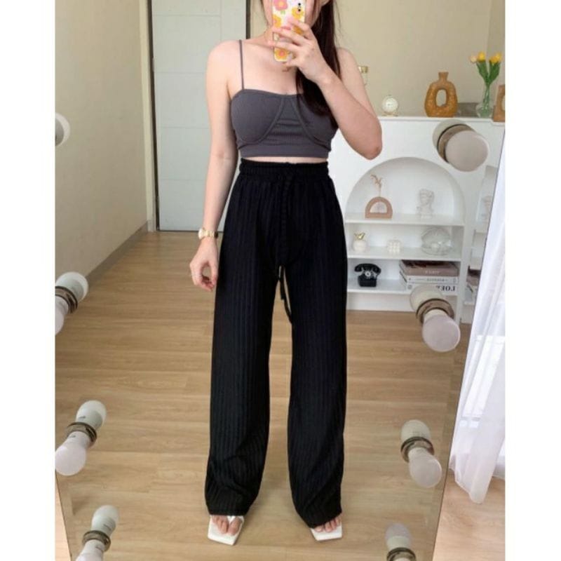 Brnj Celana Kulot Wanita Highwaist Knit Rib Premium Panjang Tali Terbaru Kekinian