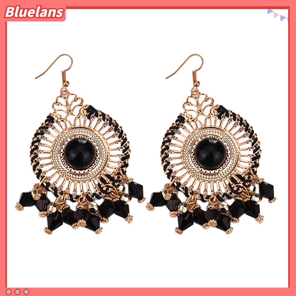 Bluelans Anting Kait Gantung Wanita Desain Rumbai Manik Bulat Gaya Bohemia Retro