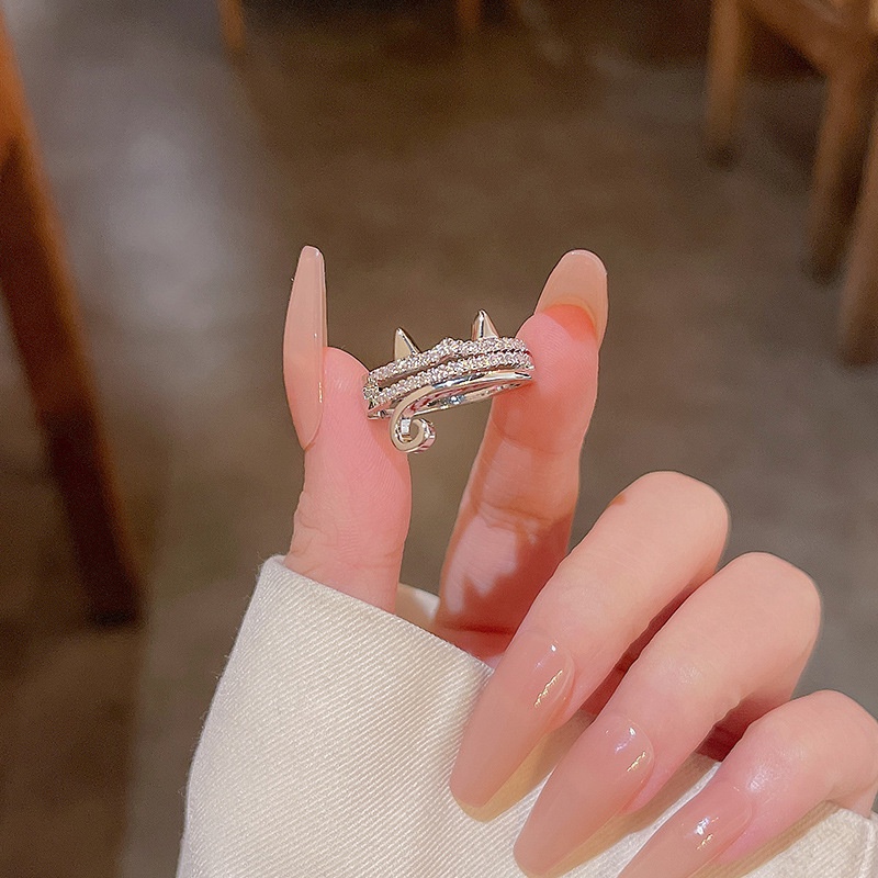 Cincin Jari Telunjuk Silver Desain Kucing Lucu Hias Zircon Untuk Wanita