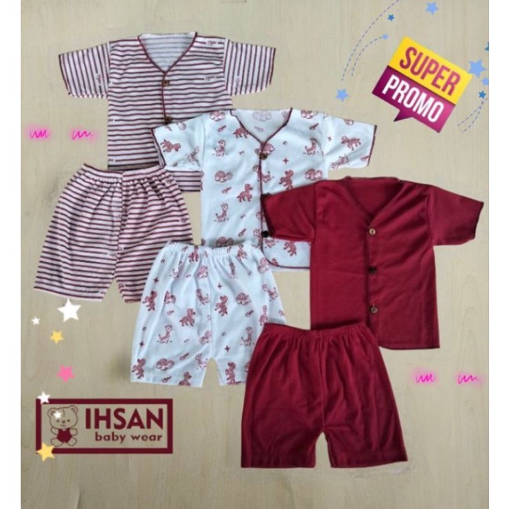 3 steel(6 pcs) setelan baju bayi barulahir 0-3 bulan lengan pendek seri maron,coksu,salem