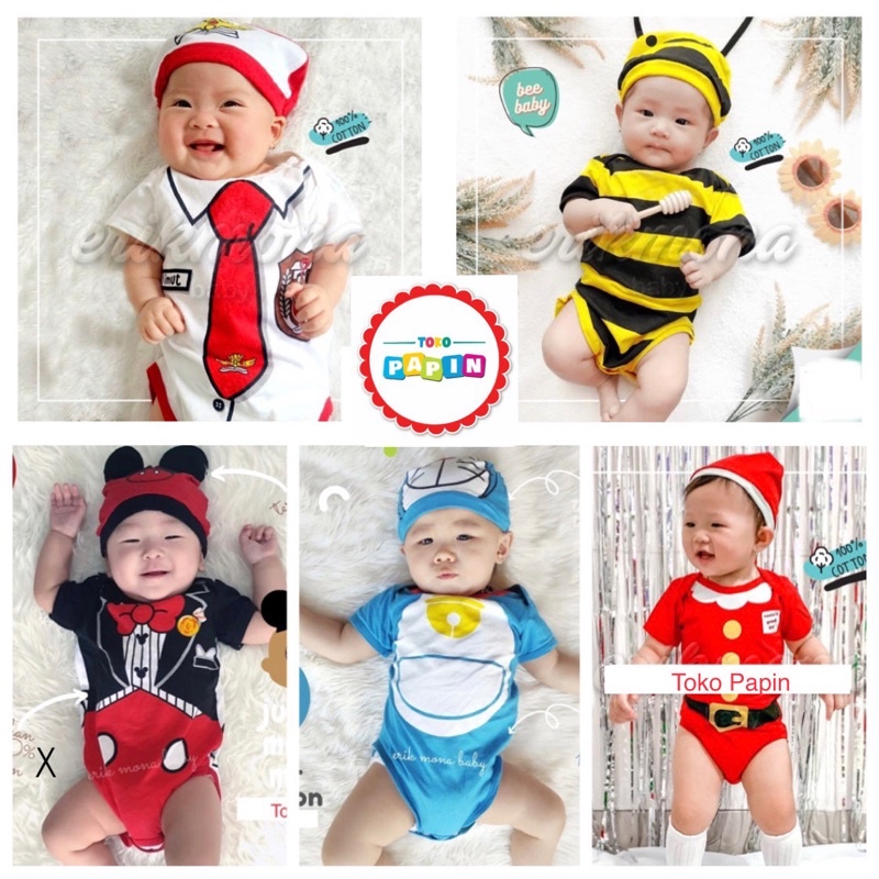 TokoPapin Baju Anak Bayi Jumper Anak Bayi Motif Karakter Lucu Katun Halus Set Topi