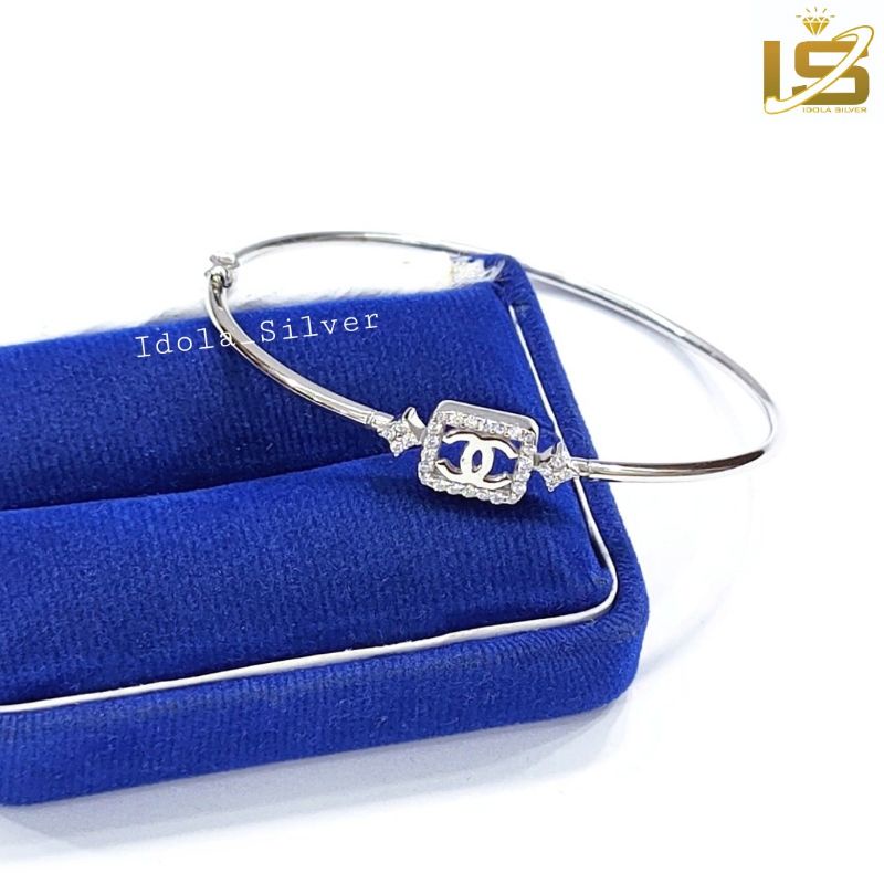 GELANG PERAK ASLI 925 SILVER LAPIS EMAS PUTIH MODEL BANGLE BULAT VARIASI KOTAL CAN*EL PERMATA - PERHIASAN PERAK