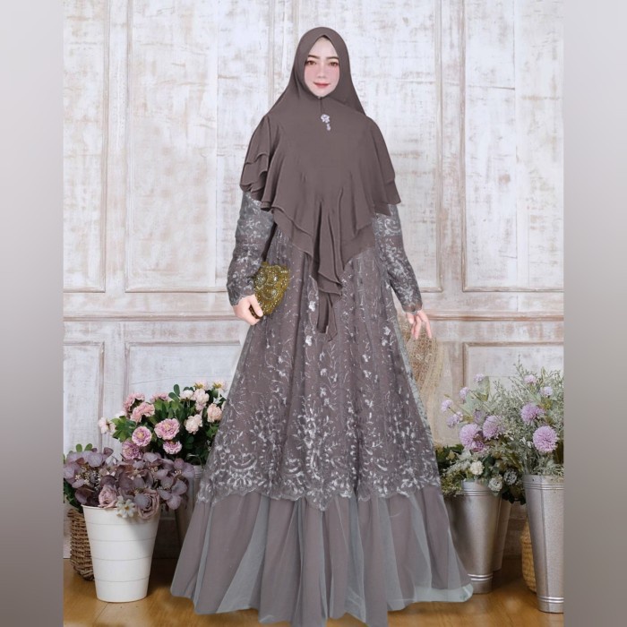 Dress Dan Gamis model gamis brokat terbaru modern gamis syari set khimar jumbo sheera - abu monyet