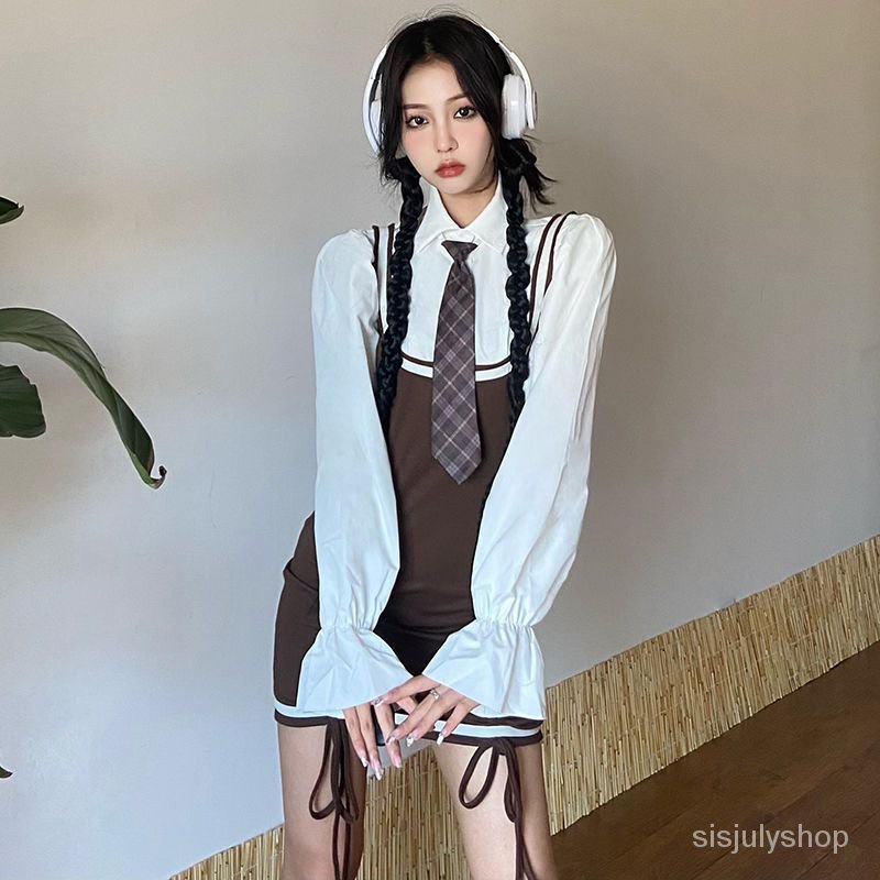 Hot Girl Serut Lipit Dress Wanita + Lengan Berkobar dan Dasi Pendek Top Dua Potong Set