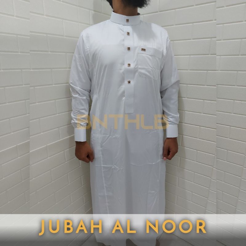 AL-NOOR Jubah Gamis Pria Muslim Premium Warna Putih Lengan Panjang Manset Kancing Tekan