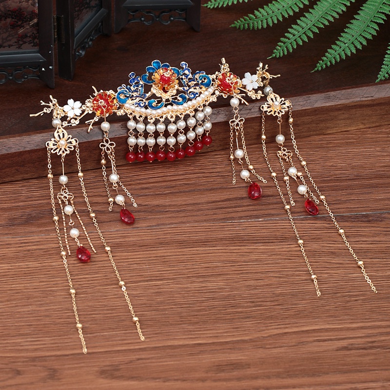 Bridal Headwear Set Hairpin Earrings Hanfu Hairpin Women's Hairpin Flower Tassel Chinese Crystal Hair Comb/Multi Color