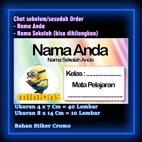 

Stiker Label Buku Minion Minions kuning kartun lucu Karakter Lucu Custom Lebel Nama cromo murah 20 Varian berbeda Sticker Pelajaran Mapel buku anak sekolah Vol 14