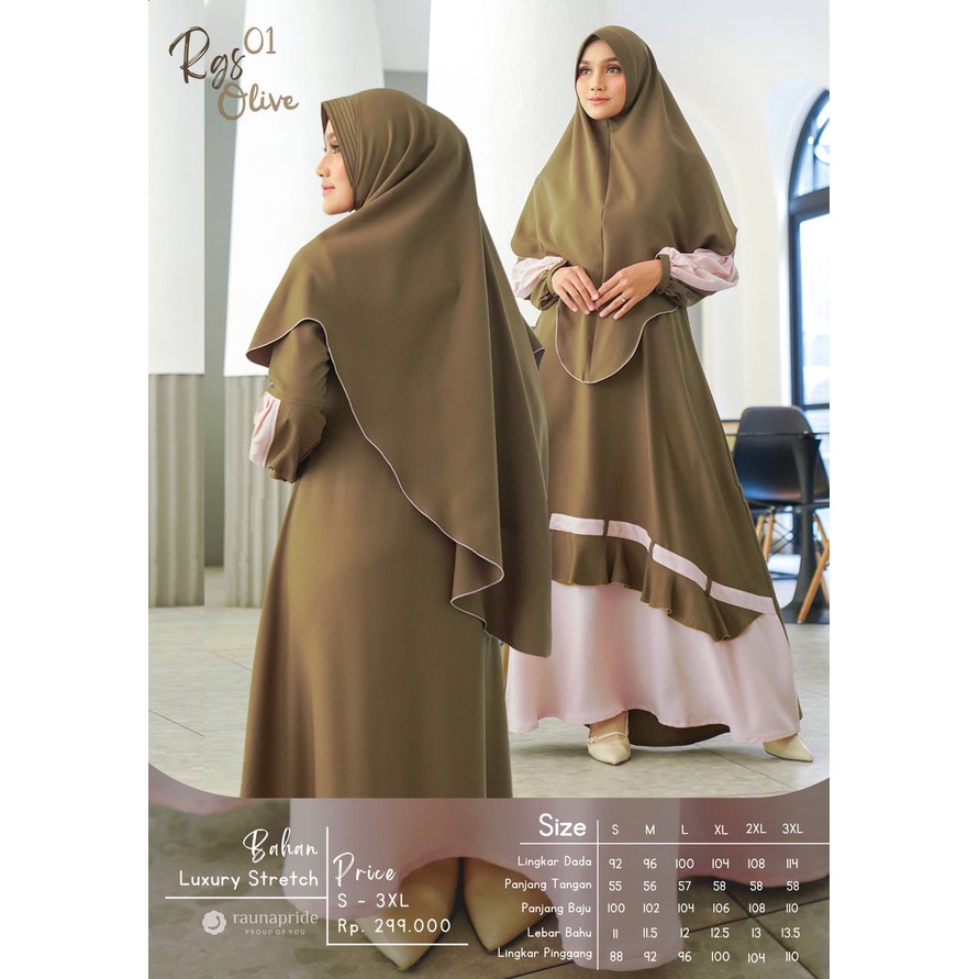 Rauna RGS GS 01 - abu - olive - biru / Gamis Syari Set / Rauna Terbaru 2022 / Fashion Muslim