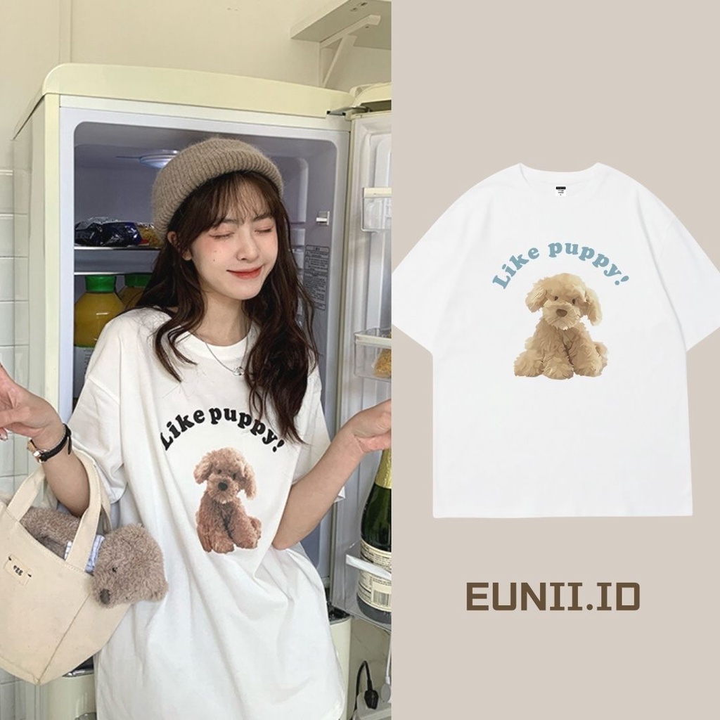 EUNII T-shirt Lengan Pendek Kartun Mewah Anjing Pencetakan Longgar Korean Style/Kaos Atasan Wanita/Baju Kaus Oversize Wanita