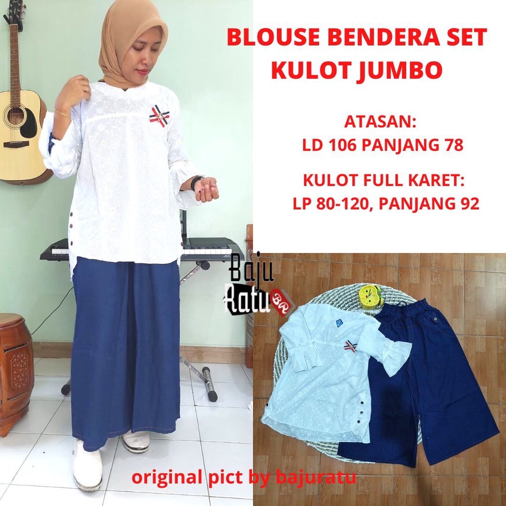 PINKAN SET BLOUSE BENDERA KATUN SETELAN KULOT JUMBO JEANS WANITA KEKINIAN GBM