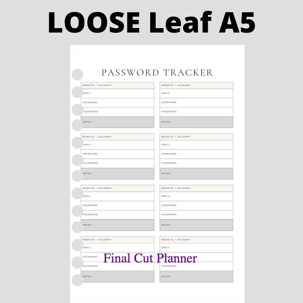 

Loose Leaf A5 - Password Trackker By Monologprojects .