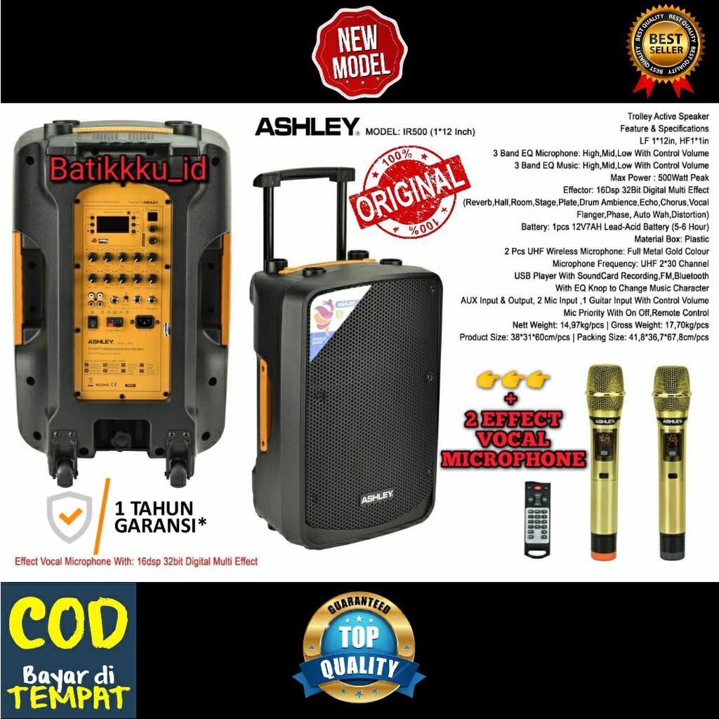 Jual SPEAKER AKTIF PORTABLE ASHLEY IR 500 IR500 ORIGINAL 12 INCH + 2