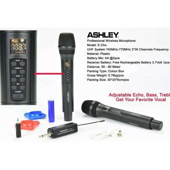 Jual Mic Wireless Ashley Echo Echo UHF 2 Mic Pegang Echo Bass Treble
