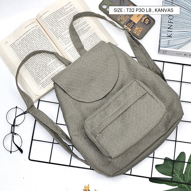 Bayar di Tempat COD Tas Ransel Serut Bahan Kanvas KANTONG Depan Ukuran Medium tas punggung wanita-Warna 684