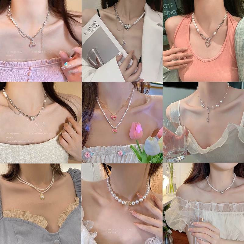 Y2k Kalung Choker Rantai Liontin Kupu-Kupu / Tulip / Hati Hias Kristal / Mutiara Gaya Elegan Untuk Wanita