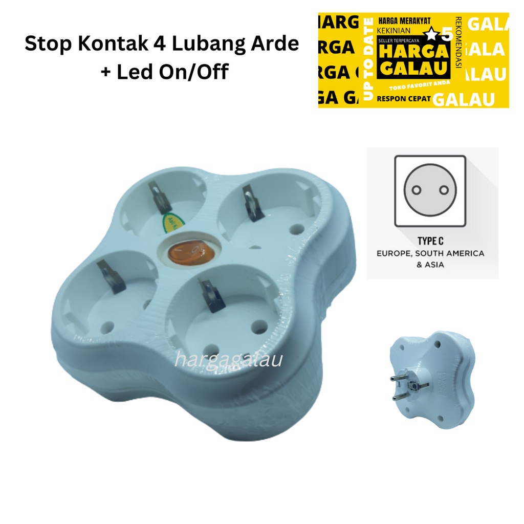 Stop Kontak 4 Lubang Arde + Led Switch OnOff Steker Segi Empat 4in1