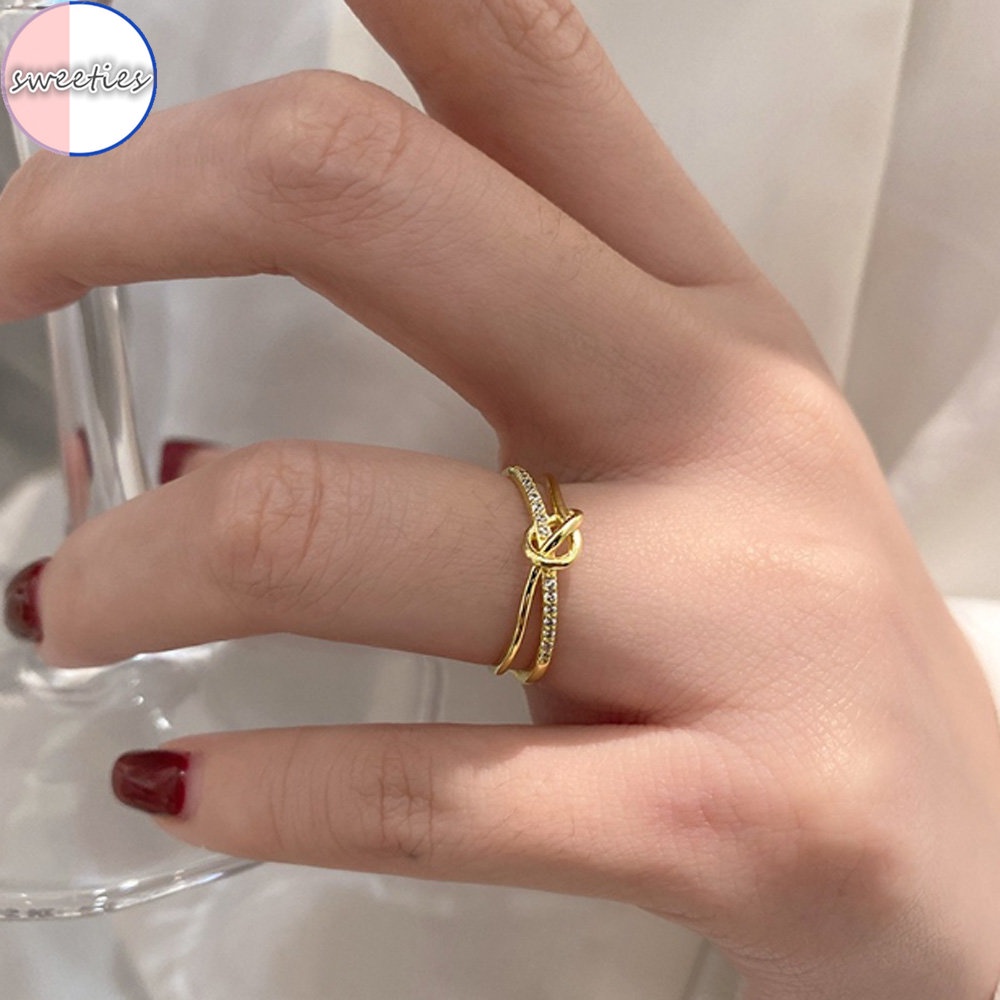 2022 Cincin Jari Telunjuk Wanita Model Terbuka Lapis Ganda Adjustable Hias Berlian Gaya Korea Untuk Hadiah