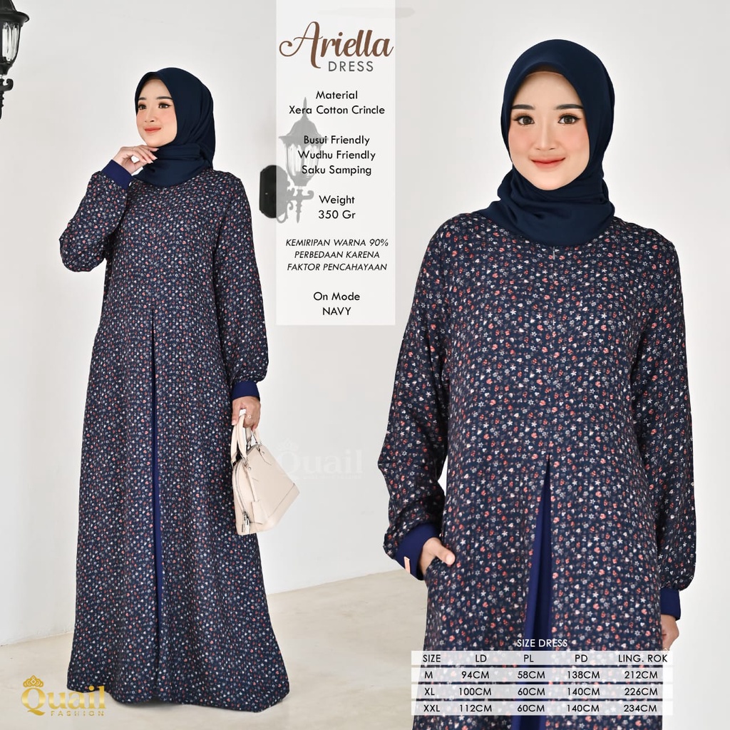 Ariella Dress original Quail Hijab Wanita Xera Catton Crinkle Busui Wudhu Friendly Gamis Quail Ariel