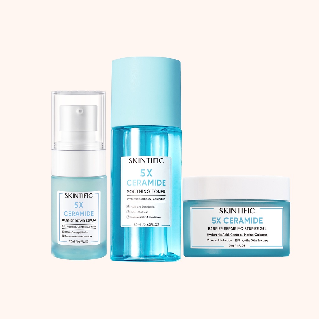 SKINTIFIC-5X Ceramide Barrier Repair Moisturize Gel Moisturizer 30G Pelembab Wajah &amp;  5X Ceramide Barrier Repair Serum 20ml BPOM &amp; 5X Ceramide Soothing Toner 80ml