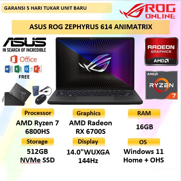 LAPTOP GAMING ASUS ROG ZEPHYRUS G14 GA402RJ AMD RADEON RX6700S VRAM 8GB RYZEN 7 GEN 6800H RAM 16GB 512GB SSD  WINDOWS 11 HOME + OHS LAYAR 14.0" WUXGA 144HZ BLIT ANIMATRIX - LAPTOP KERJA ASUS ROG ZEPHYRUS ANIMATRIX