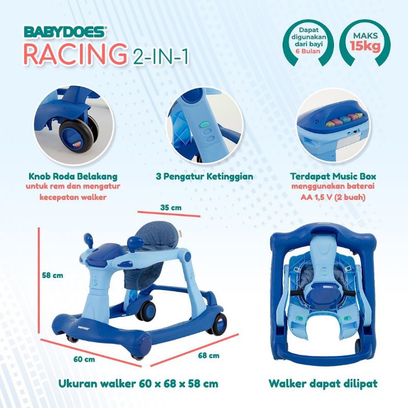 Baby Walker Alat Bantu Belajar Jalan Babydoes Racing 2 in 1 Push Wolker Walking Trainer