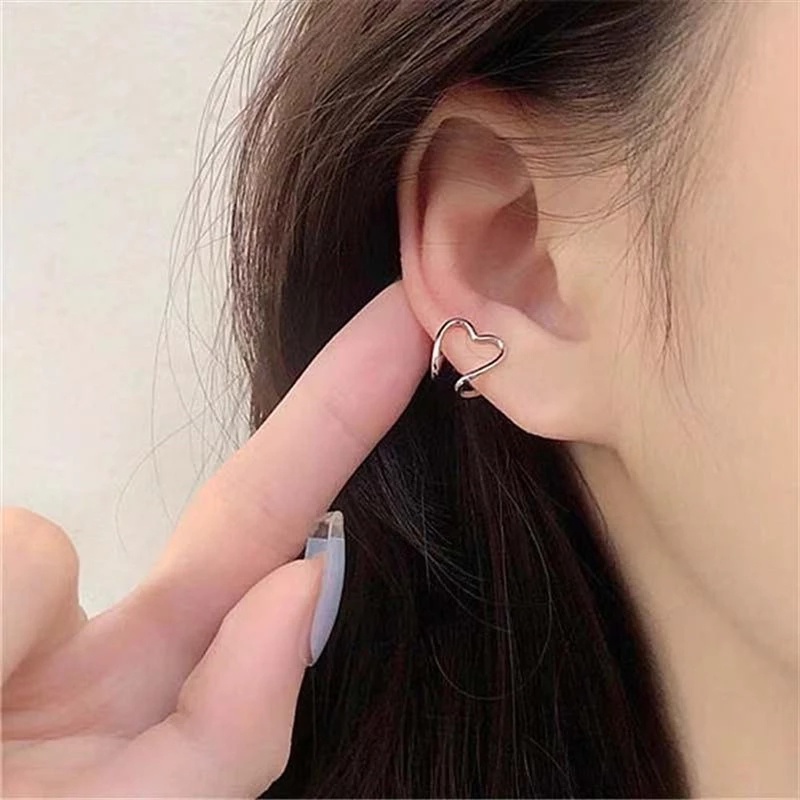 Anting Klip on Tulang Rawan Telinga Model Dua Lapis Bentuk Hati Gaya Korea Minimalis