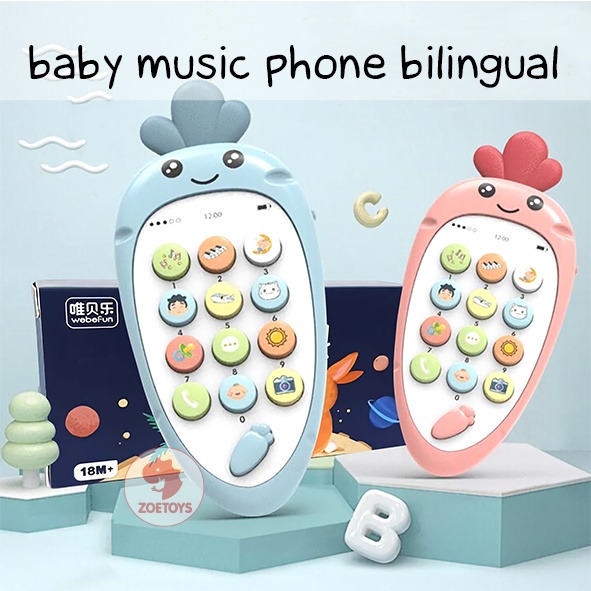 Zoetoys Baby Music Phone Bilingual | Handphone Carrot Teether Early Learning Sing Song | Telepon Kelinci Wortel Bunyi Belajar Bunyi dengan Lampu Musik Nyanyi HP Bayi | Mainan Edukasi Anak