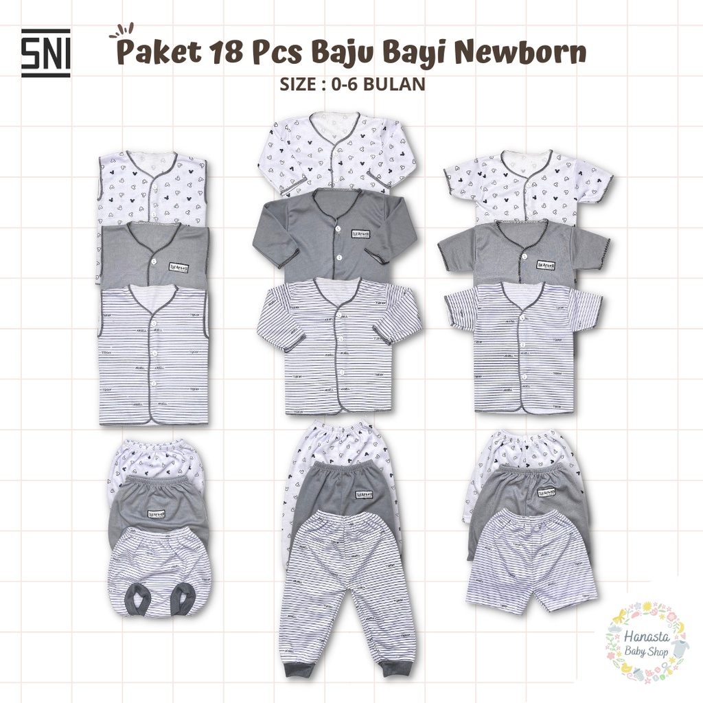 18 Pcs Paket Baju Bayi Newborn Setelan Lengan Panjang Pendek Kutung Seri Abu Katun