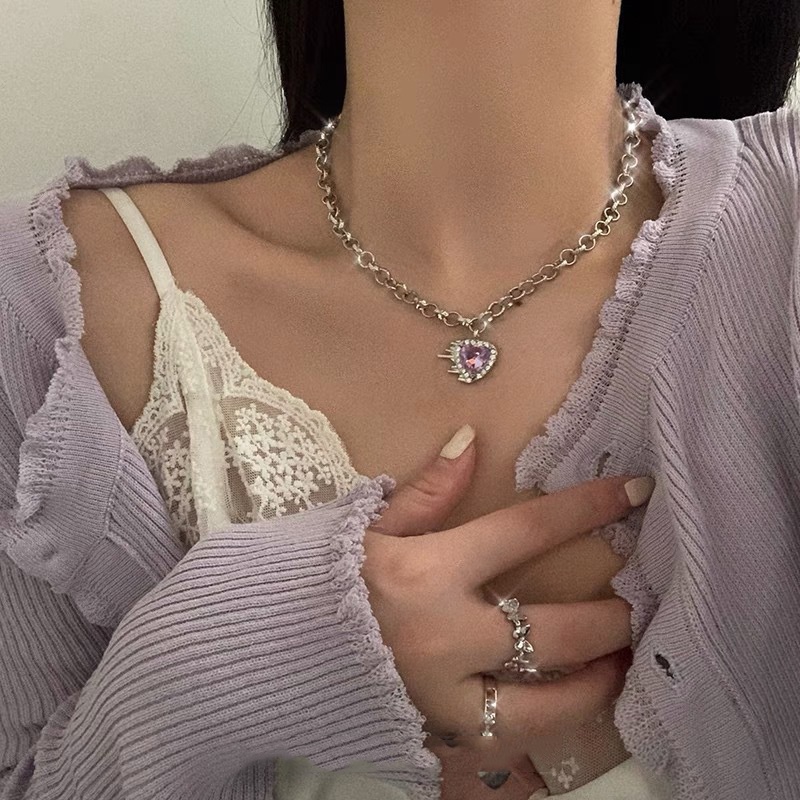 Kalung Rantai Klavikula Hias Liontin Hati Mutiara Zircon Berlian Imitasi Warna Ungu Gaya Korea Untuk Wanita