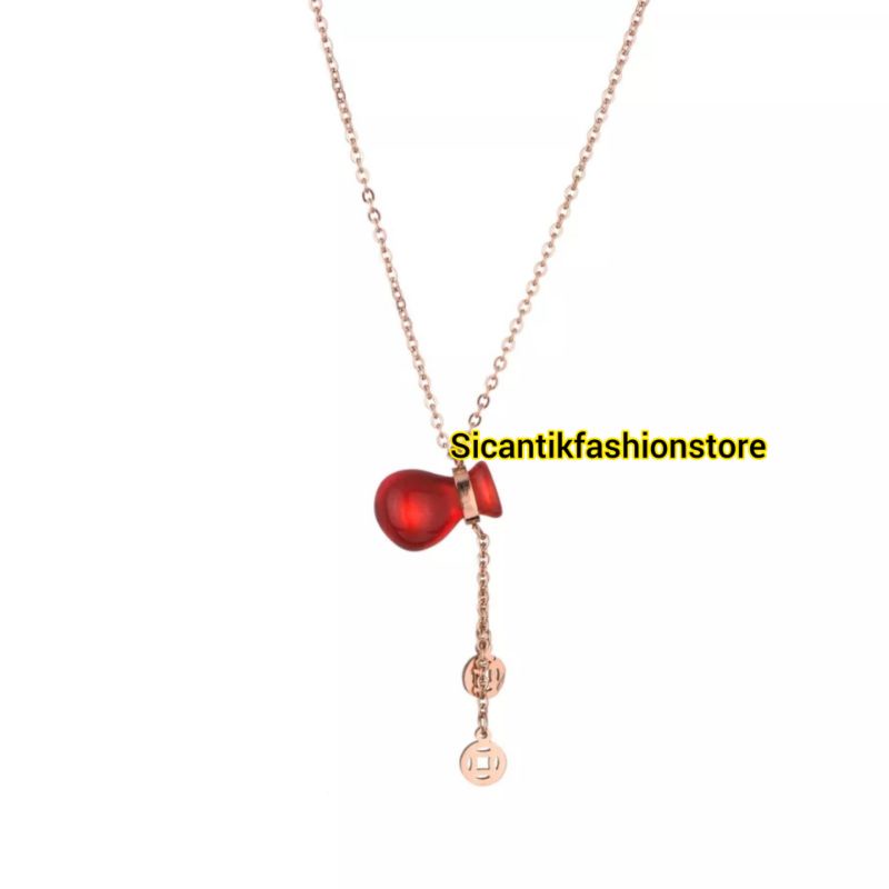 Kalung Titanium Wanita Liontin Batu Merah Delima Fashion Wanita Terlaris Anti Karat Selamanya Kalung Wanita Liontin Batu Merah Delima Kalung Rantai Rose Gold Kalung Rantai Gold Titanium plus Liontin