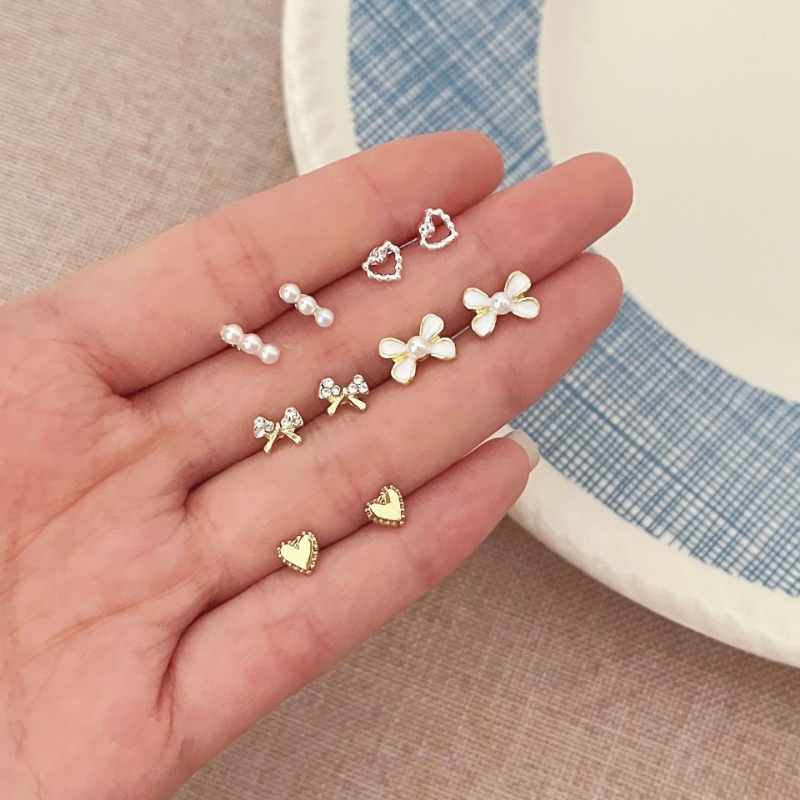 Papaozhu 6pasang Geometris s925 Perak Emas Lucu Busur Mutiara Bintang Beruang Butterfly Stud Earrings Untuk Wanita Perempuan Korea Kecil Anting-Anting Set Perhiasan Hadiah