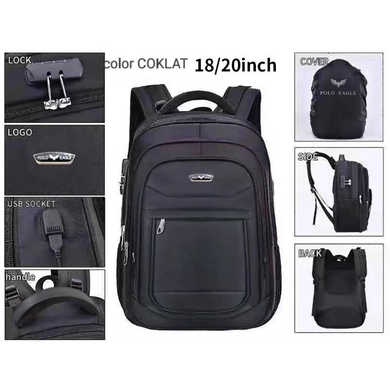 (import) Tas ransel POLO EAGLE 18in Expanding Free raincover+USB