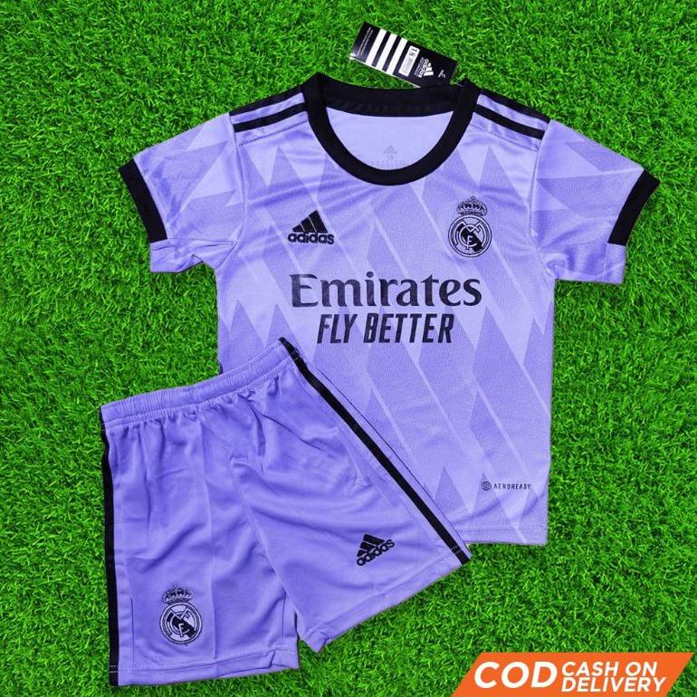 JERSEY KIDS REAL MADRID AWAY UNGU PURPLE BAJU + CELANA 2022/2023  NEW 22/23 GRADE ORI OFFICIAL TERLA