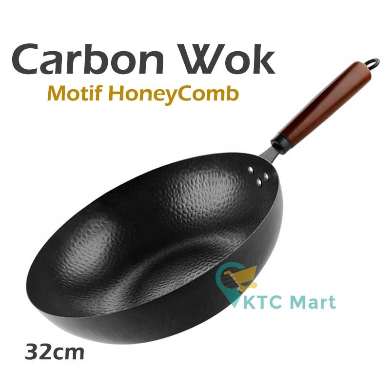 Carbon Wok Pan HoneyComb 32 CM + Tutup Kaca Wajan Hitam Kuali Hitam Anti lengket Kuali Anti Gores