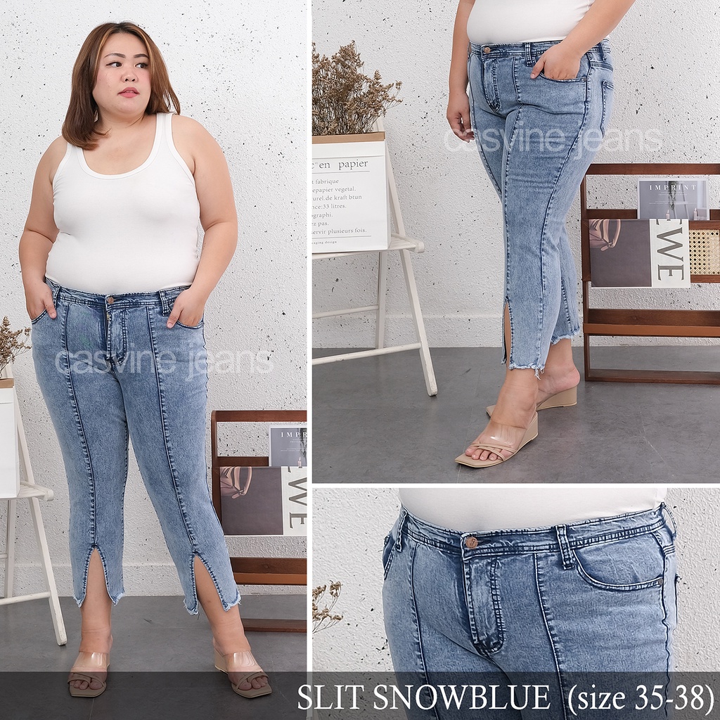 CASVINE JEANS SLIT FRONT LINE SUPER BIGSIZE JUMBO SNOW BLUE &amp; DARK BLUE MOM JEANS