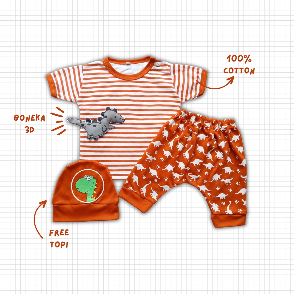 setelan anak laki laki 0-12 bulan kaos celana jogger topi 1 tahun 3D DINO STRIPE TEE SET baju anak bayi cowok setelan kaos lengan pendek setelan jogger anak setelan topi baju bayi laki laki baju balita