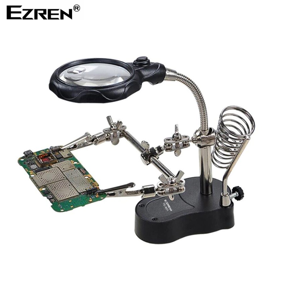 Ezren TE-801 Kaca Pembesar Penjepit PCB + Lampu Holder 3.5x 12x AAA