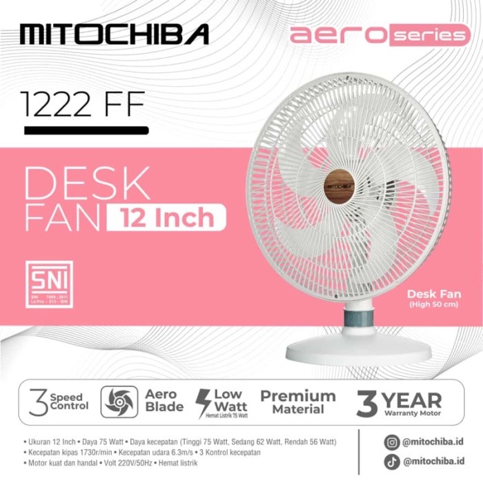 Kipas Angin Meja 12 Inch Mitochiba Desk Fan 12inch 1222FF 1222 FF  Low Watt