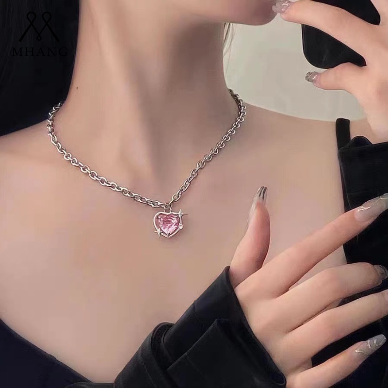 Mhang Kalung Rantai Fashion Gaya Korea Motif Hati + Bintang + Zircon + Kristal Untuk Perhiasan Wanita