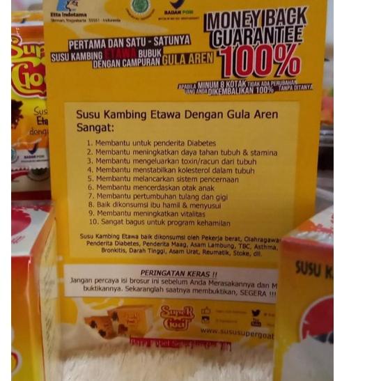 

Harga Murah SUPER GOAT Susu Kambing Etawa bubuk dengan Rasa Gula Aren isi 10 Sachet,