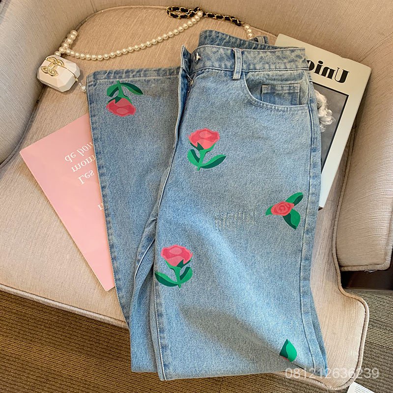 #Sisjuly# Woman's Love Flower Straight Tube Loose Jeans Women's Spring Autumn High Waist Casual Vers